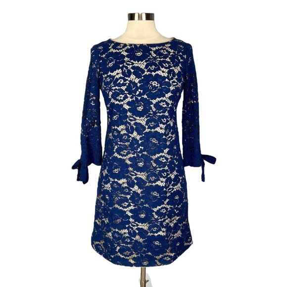 Vince Camuto Womens Blue Lace Overlay Dress Tie Sleeves Above Knee size 4 - Picture 1 of 11